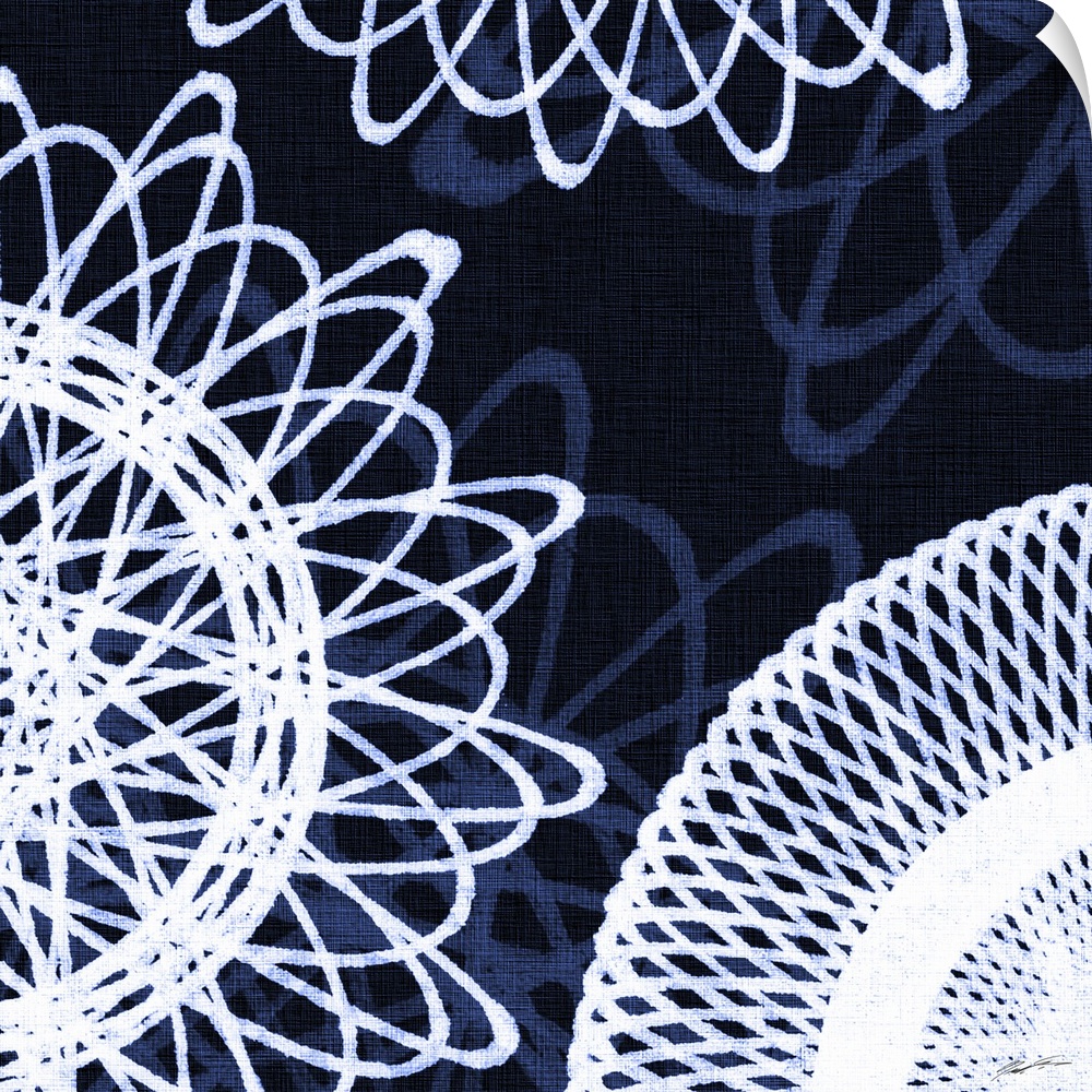 A blueprint of geometric spirals floating on an indigo field.