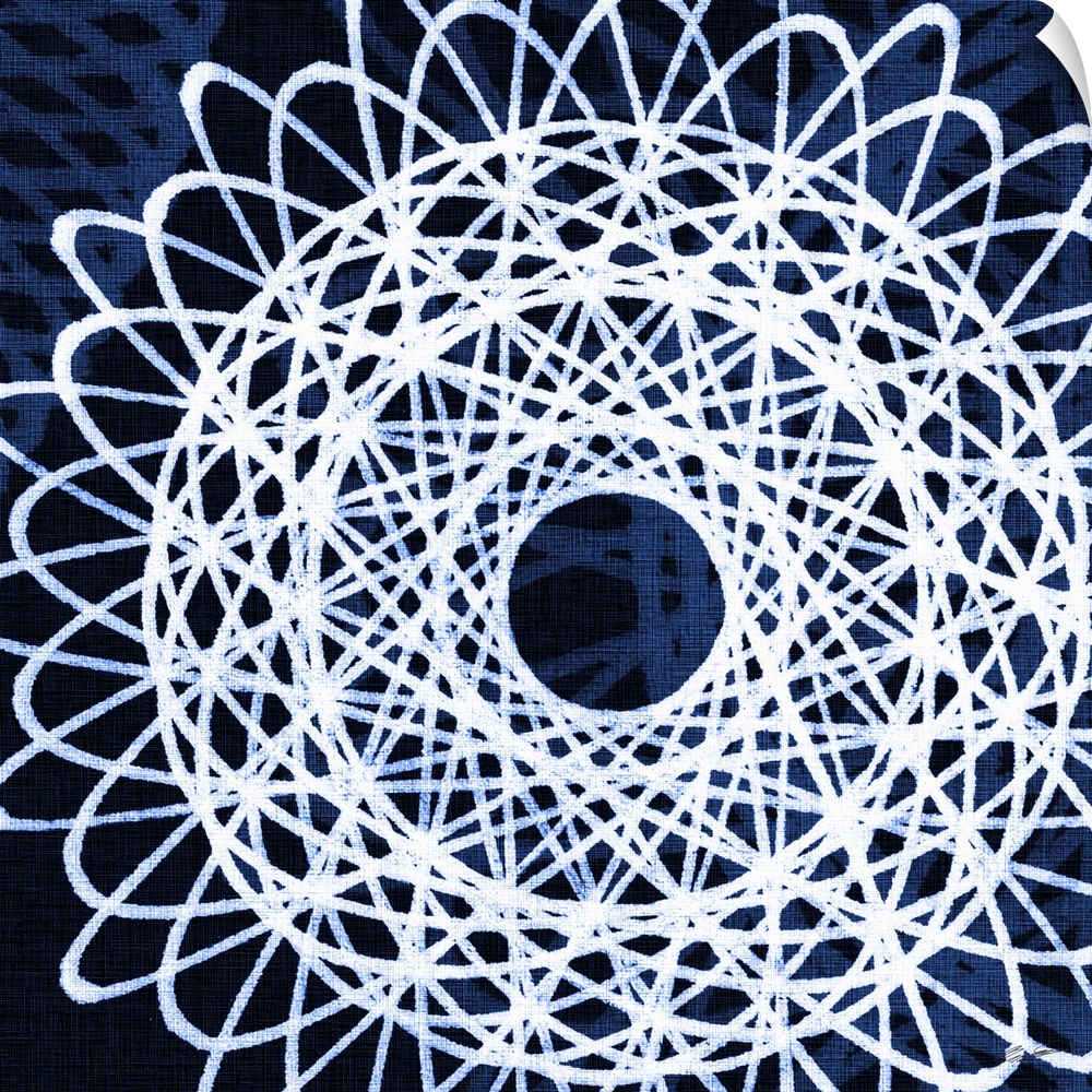 A blueprint of geometric spirals floating on an indigo field.
