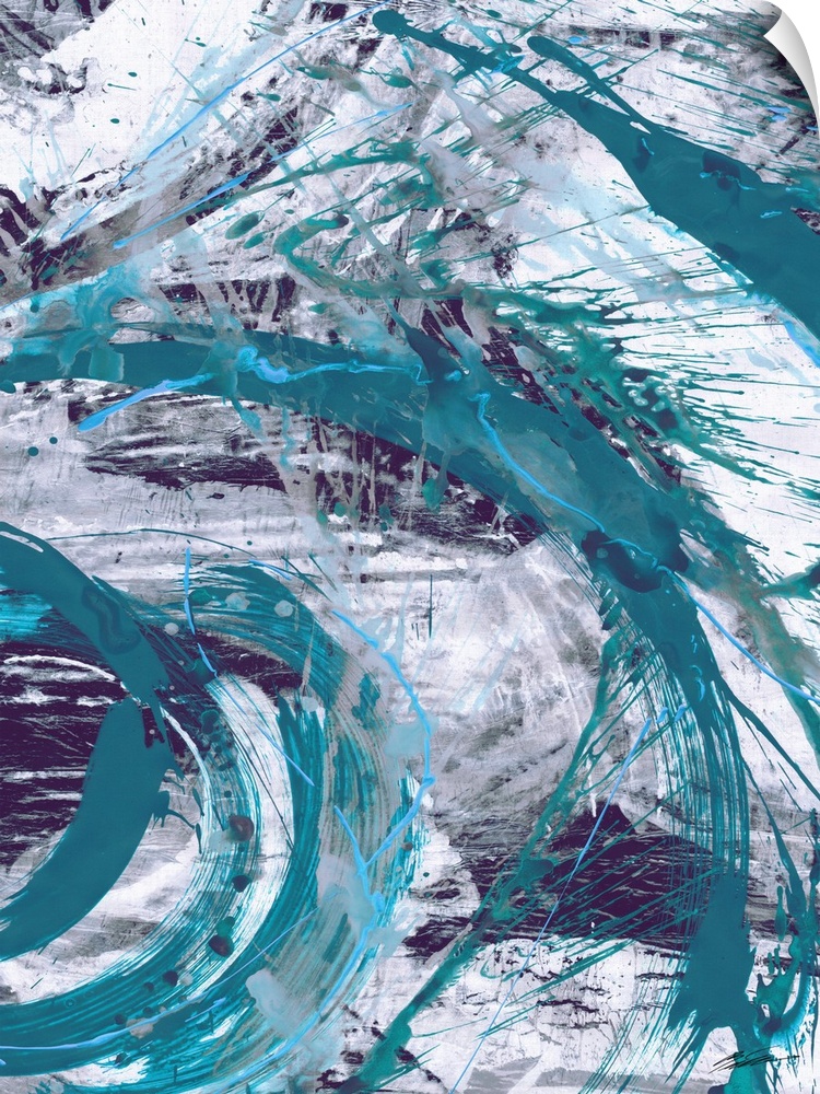 An energized contemporary abstract in teal and gray.