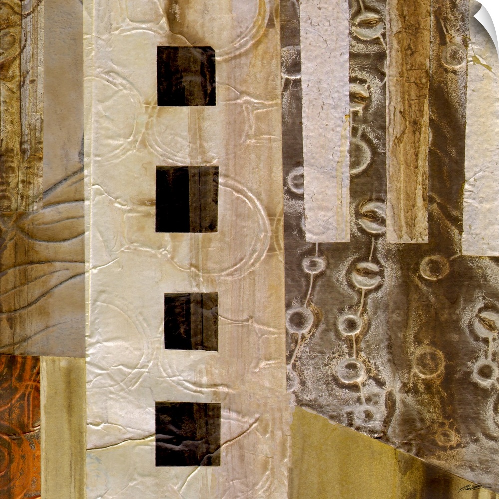 A collage of embossed metallic papers configured to represent the textures and patterns of buildings and structures in a t...