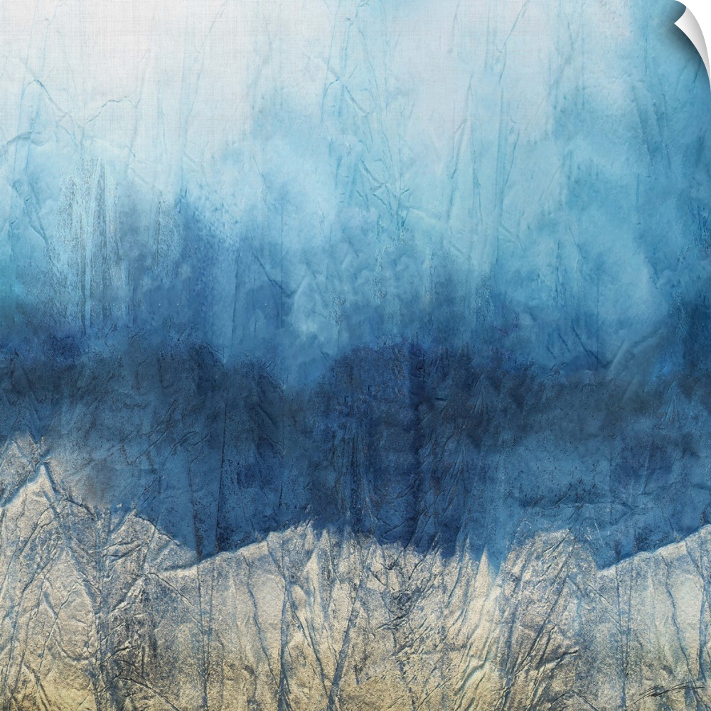 A watercolored textured landscape with soft golden and indigo hues.