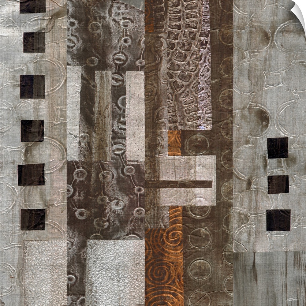 A collage of embossed metallic papers configured to represent the textures and patterns of buildings and structures in a t...