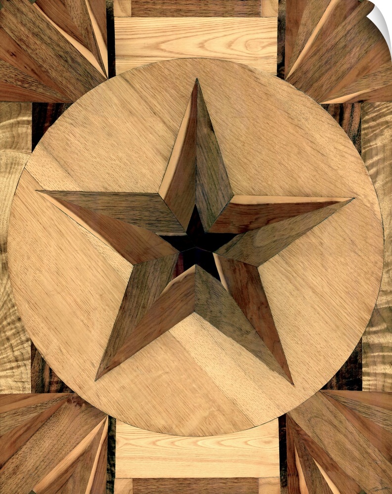A western star with a stunning array of different types of wood collaged together to form this stunning emblem from the Am...