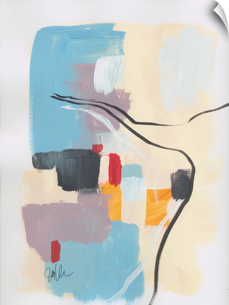 Abstract artwork featuring blocks of color in various shapes with thin gestural brush strokes as an accent.