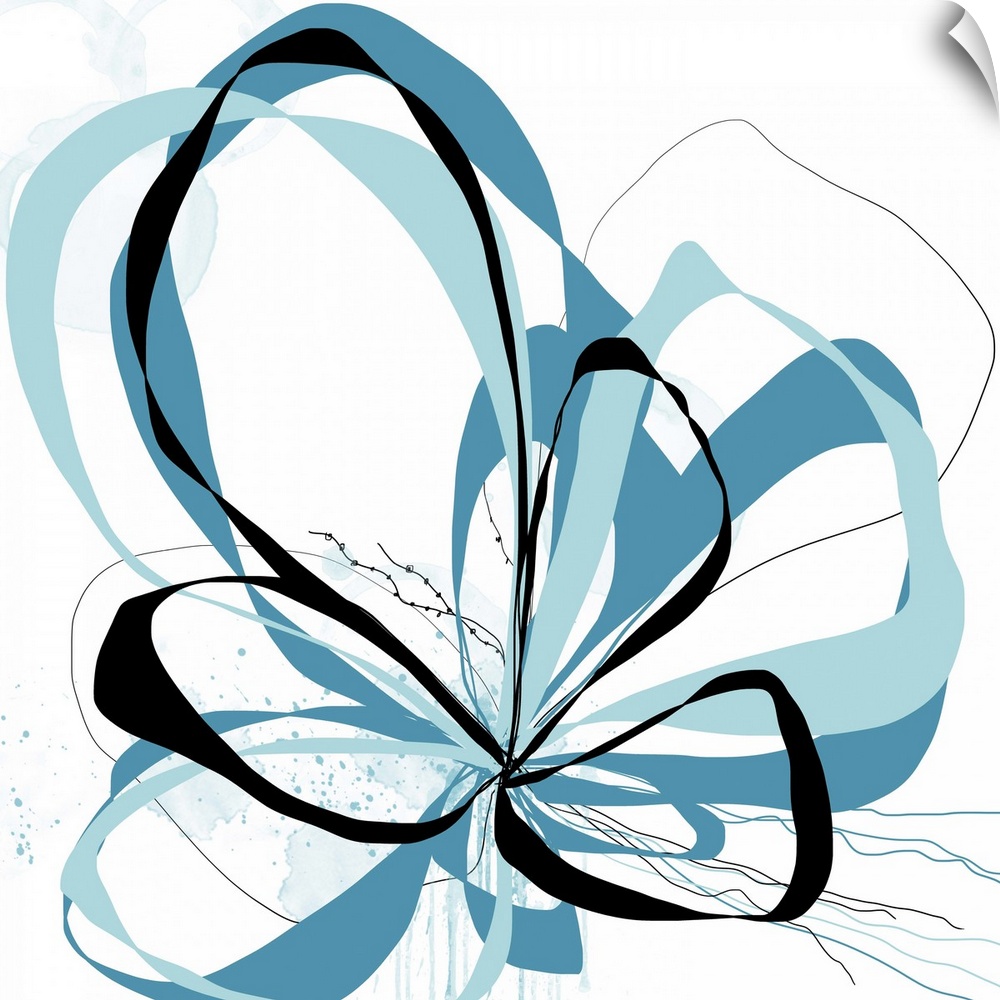 A bright floral with flowing lines of intertwined colors like aqua, teal and black