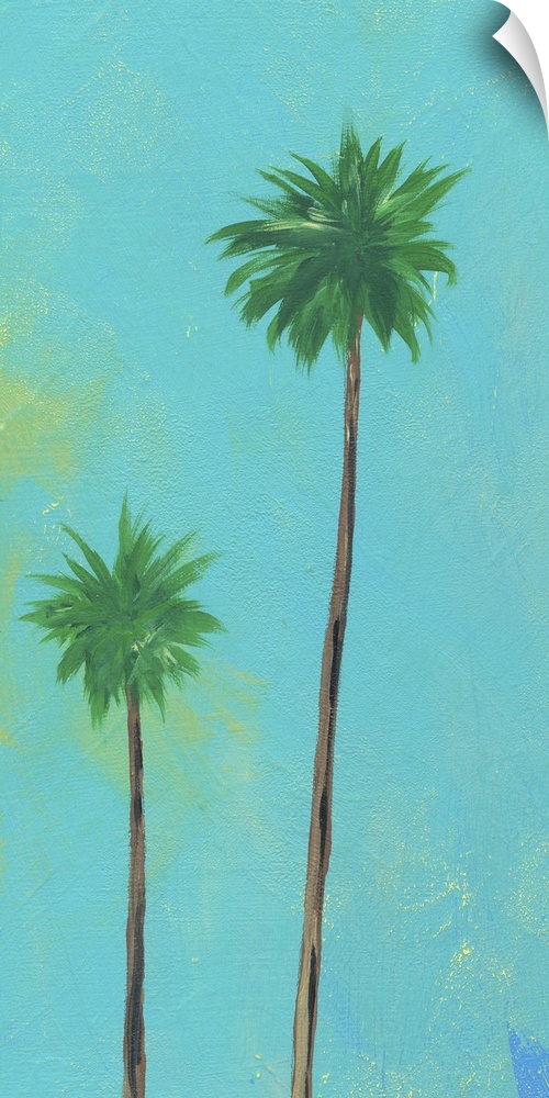 Contemporary artwork of two tall palm trees with thin trunks against a blue background.
