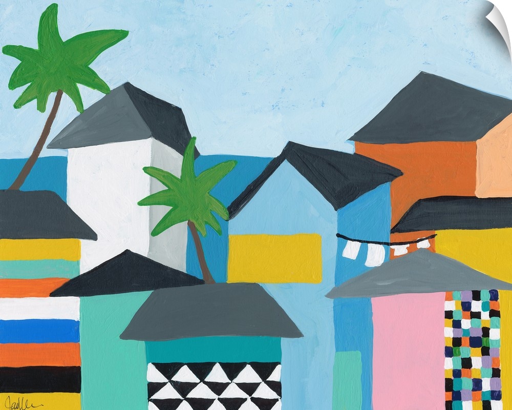 Contemporary painting featuring several colorful houses on the coast, with the ocean and palm trees.