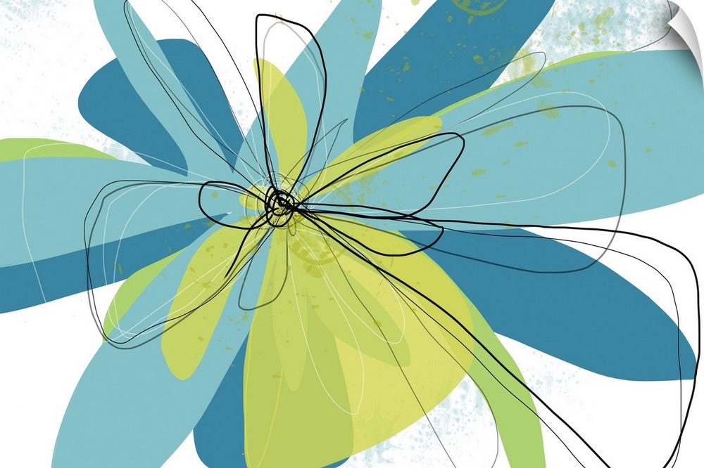 A contemporary abstract of a flower with yellow-green, green, and teal with squiggly black lines outlining the petals on a...