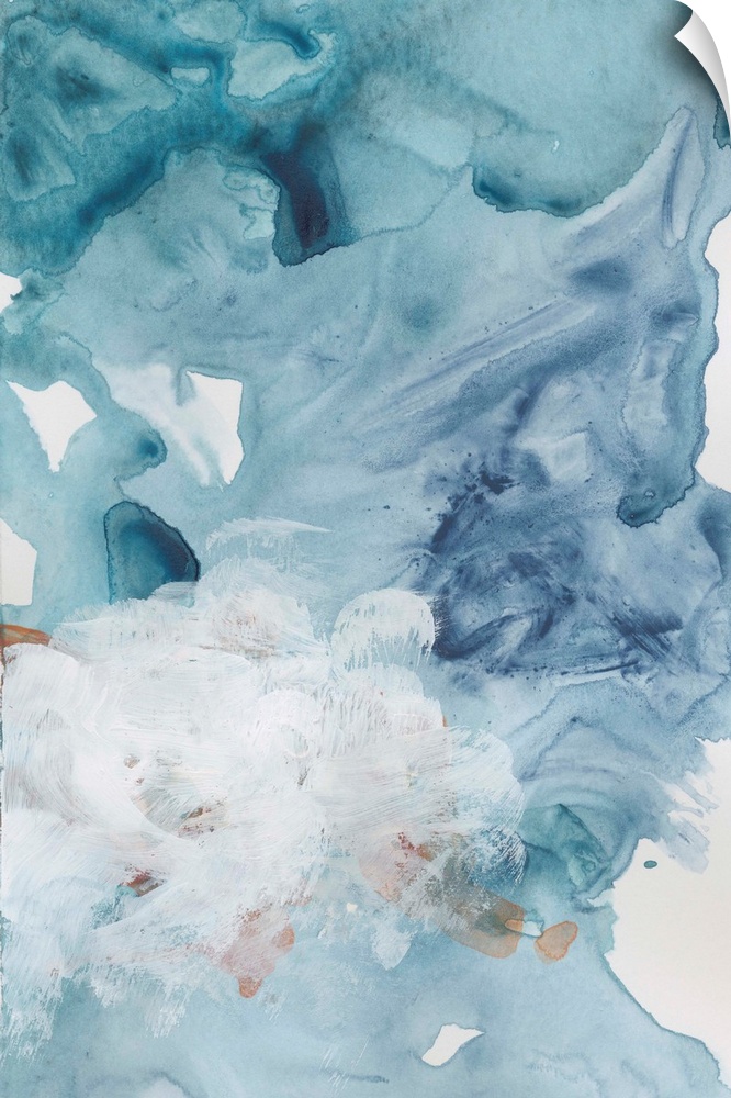 Contemporary artwork featuring watercolor droplets and brush strokes to create a cloudscape in shades of blue.
