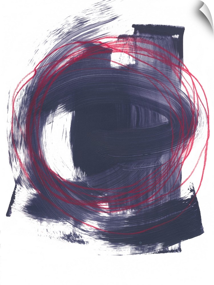 Abstract painting of multiple red circles intertwining, with strokes of paint in dark purple on the white background.