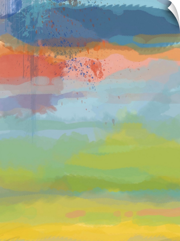 Abstract contemporary painting in layers of blue, coral, green, and yellow, resembling a sunset sky.