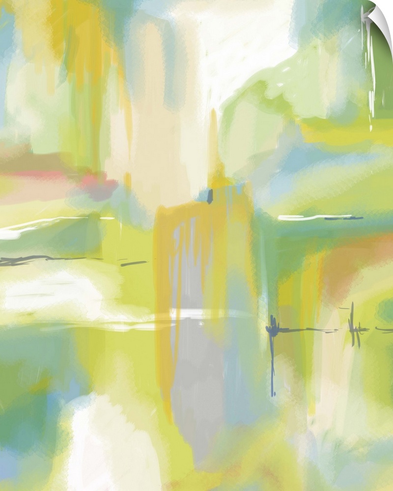 A contemporary abstract with dripping yellow hues and shades of green and blue throughout.
