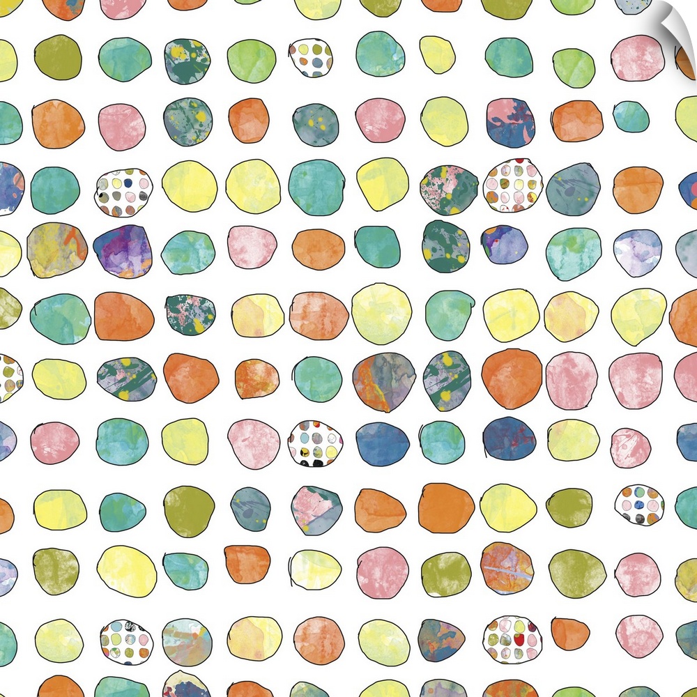 Contemporary artwork of over a hundred dots that are different colors and designs.