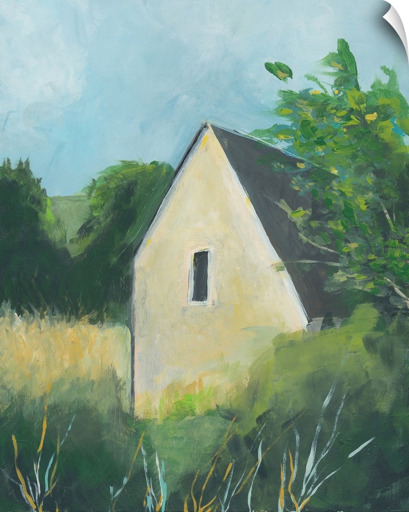 Vertical painting of a yellow house surround by trees in the country.