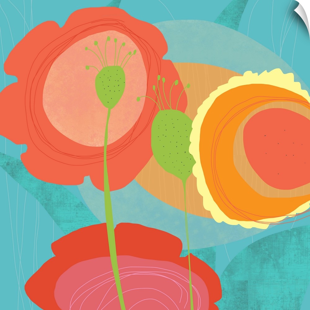 Pop flowers floating in a soft aqua background. Bright pink and yellow and orange jump out ion this pop art piece. Perfect...
