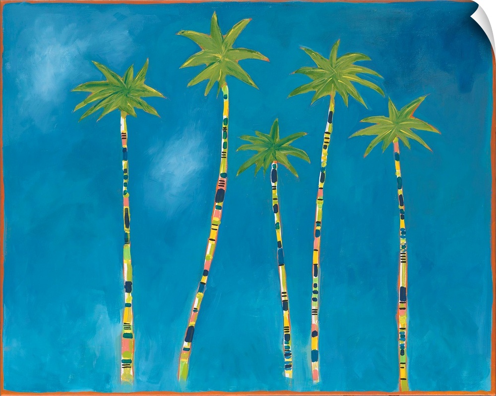 A contemporary painting of a group of palm trees with multi-colored tree trunks and bright green leaves against of brillia...