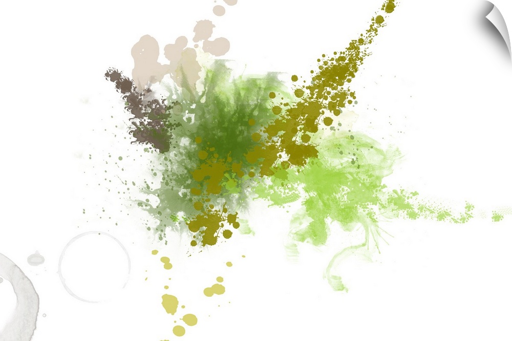 Abstract digital art of paint splatters across a blank background.