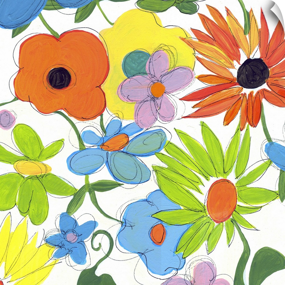 Bright painting of different flowers on a square white canvas.