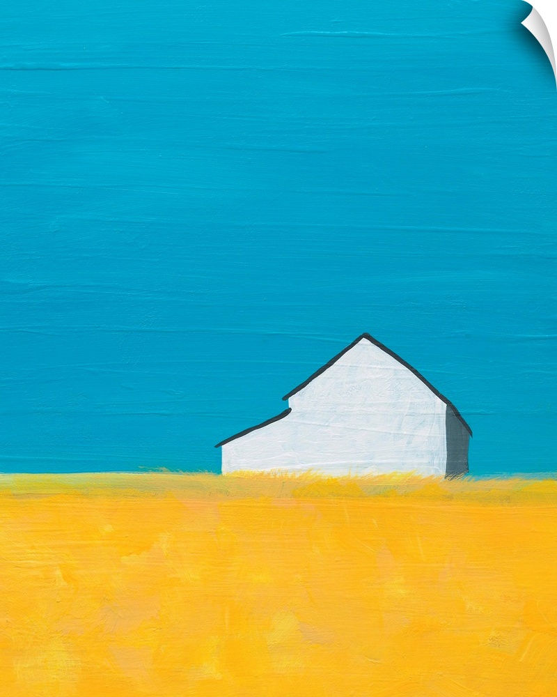 A rural white barn is placed in big sky country. Golden land and deep blue sky on a clear day. a modern take on a country ...