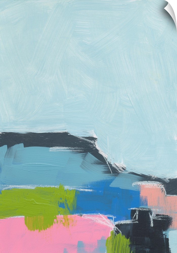 Abstract landscape painting in cool shades of blue, green, and pink.