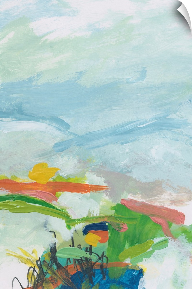 Abstract landscape painting in green, orange, and pale blue.
