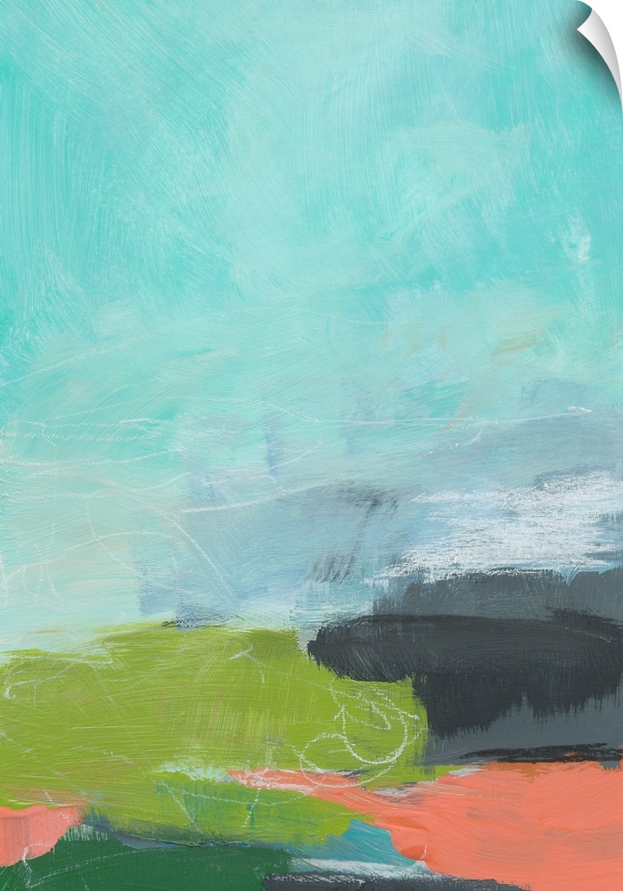 Abstract landscape painting in cool shades of blue, green, and orange.