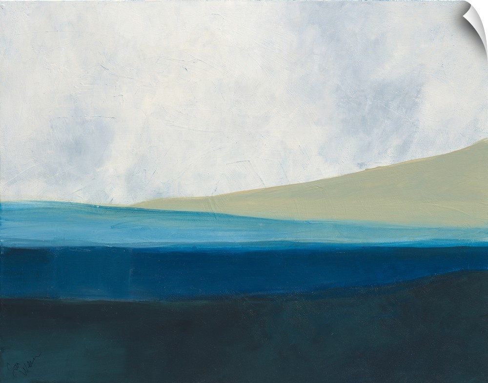 A contemporary abstract painting with blue, white, and tan hues layered on top of each other.