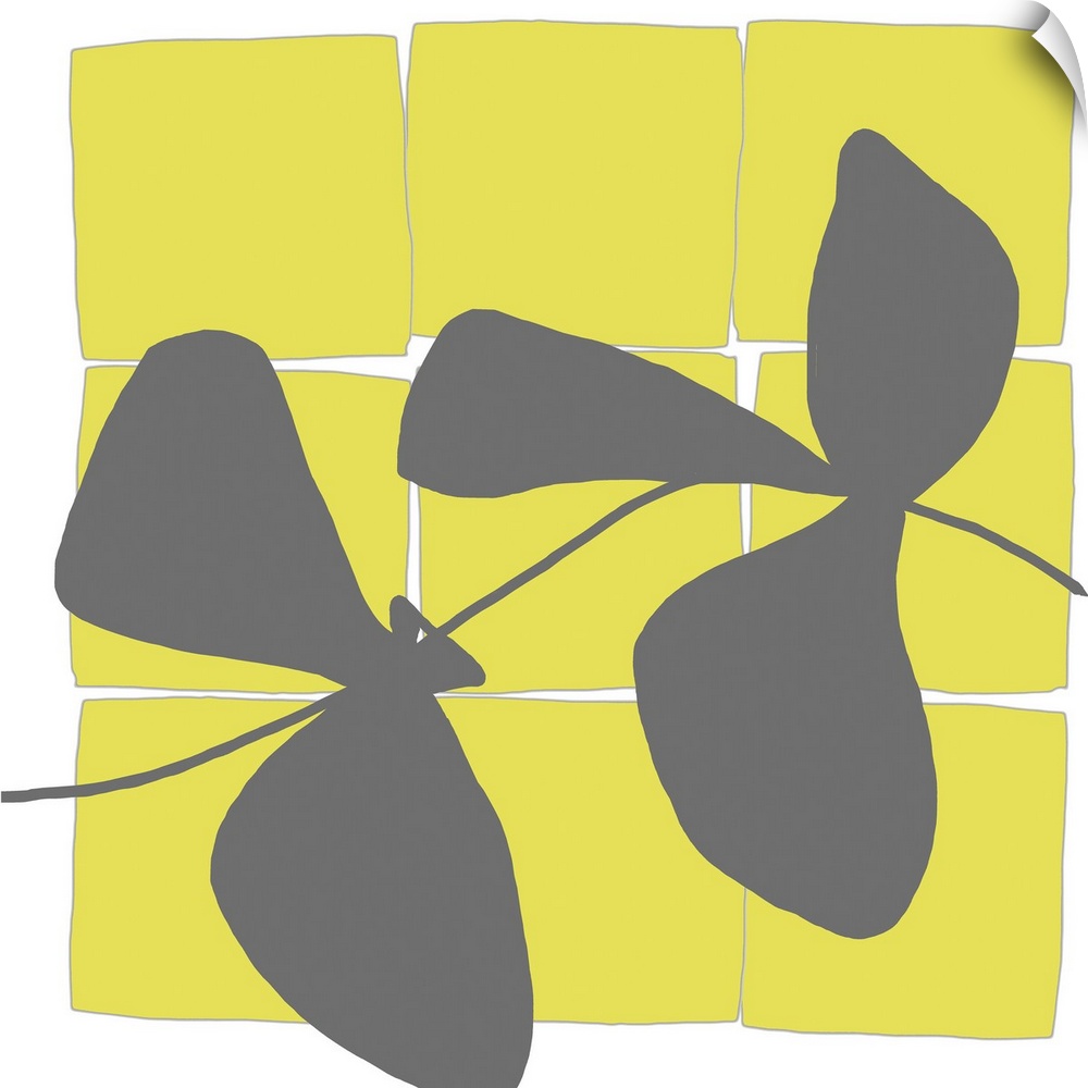 Modern art vector display of bright yellow squares and a grey silhouettes of leaves running through the piece.