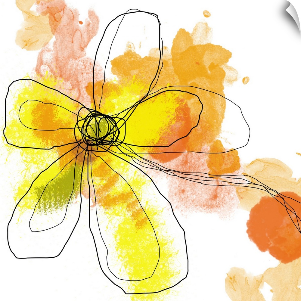 Huge contemporary art shows an illustration of an outlined flower with a background composed of a few bright colors.