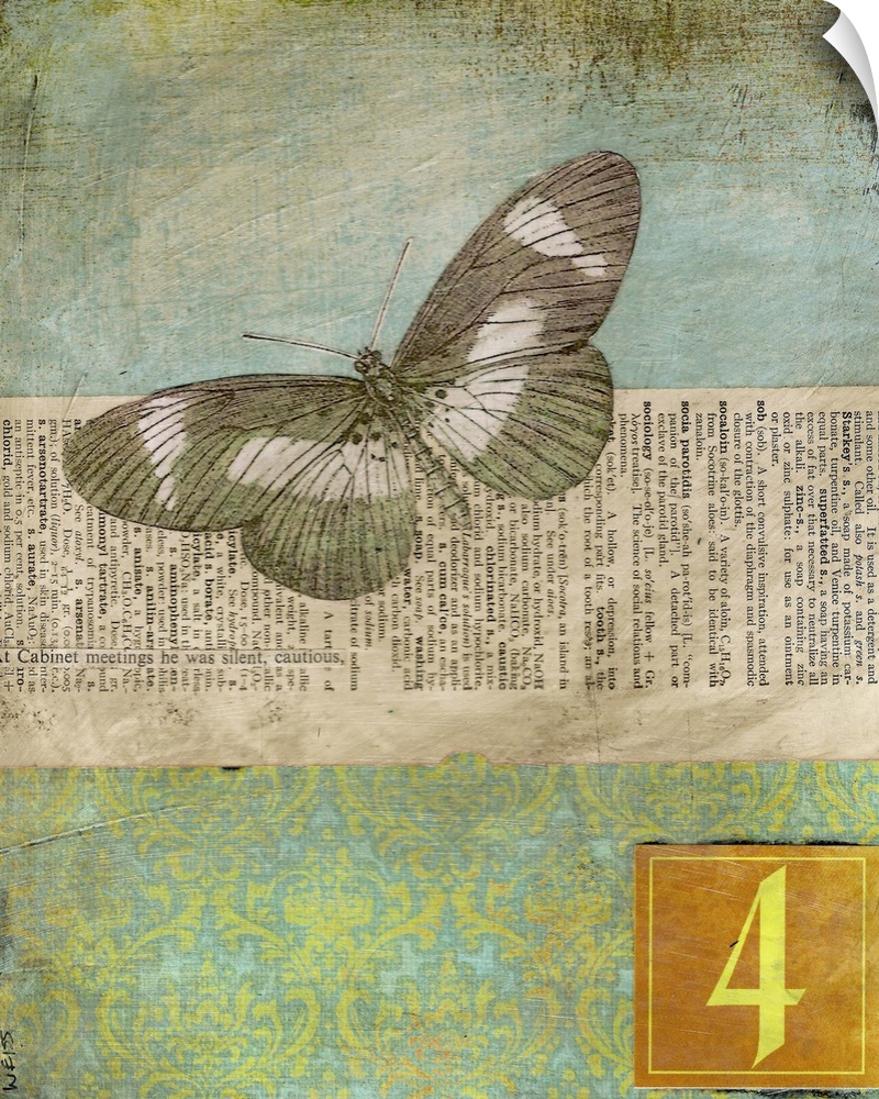 I created this with newsprint, a vintage butterfly and scrap paper. The pieces were glued onto a canvas substrate and coat...
