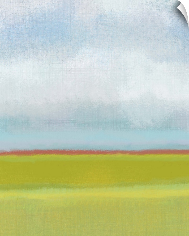 Contemporary abstract artwork resembling a simple landscape with clouds overhead.