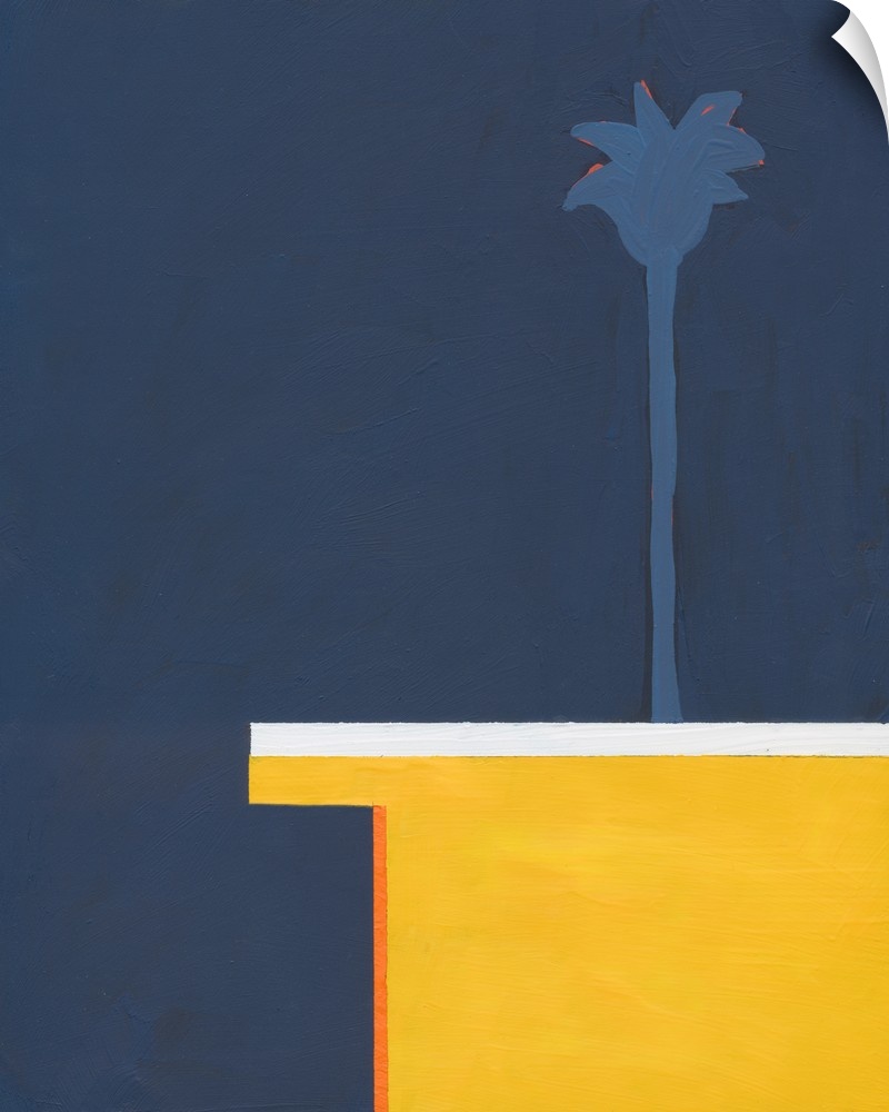 Modern painting of a flat rooftop with a single palm tree rising above it, on a dark blue background.