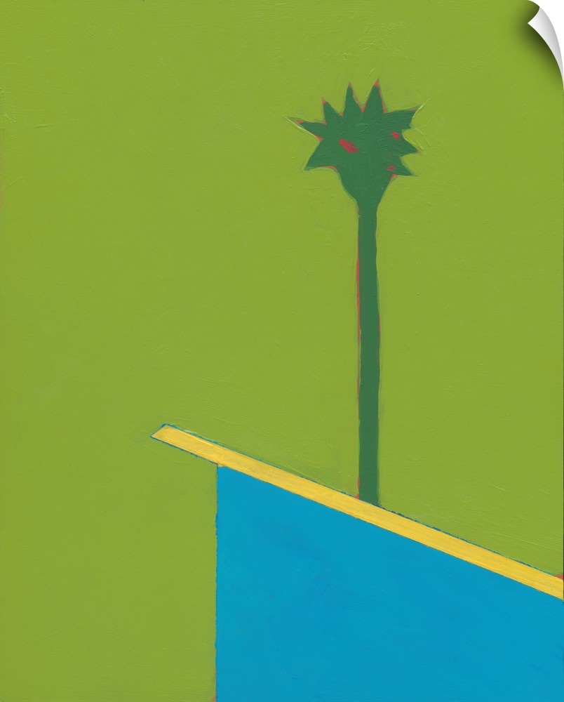 Modern painting of an angled rooftop with a single palm tree rising above it, on a bright green background.