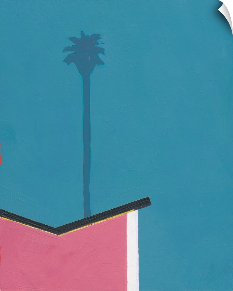 Modern painting of an angled rooftop with a single palm tree rising above it, on a blue background.