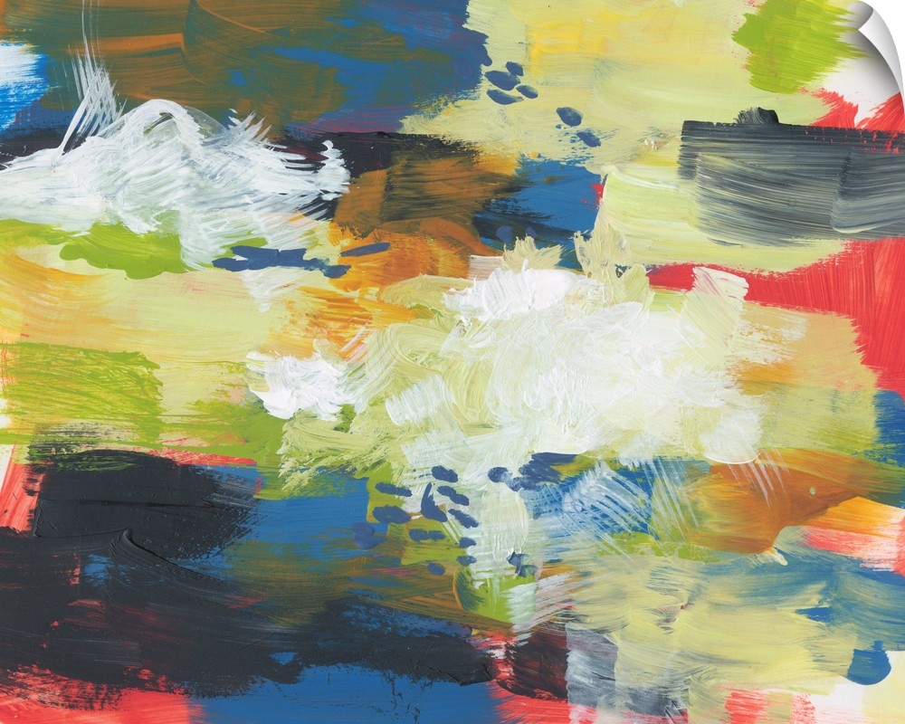 Abstract painting with vibrant colors and textured brushstrokes with busy motion.