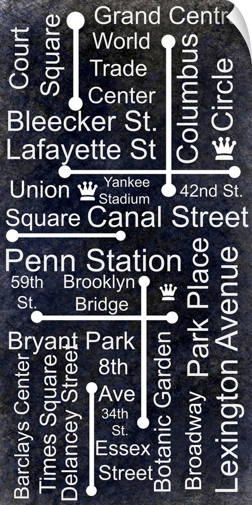 A graphically rendered poster depicting subway stops in New York City. With bold type and a vintage background this piece ...