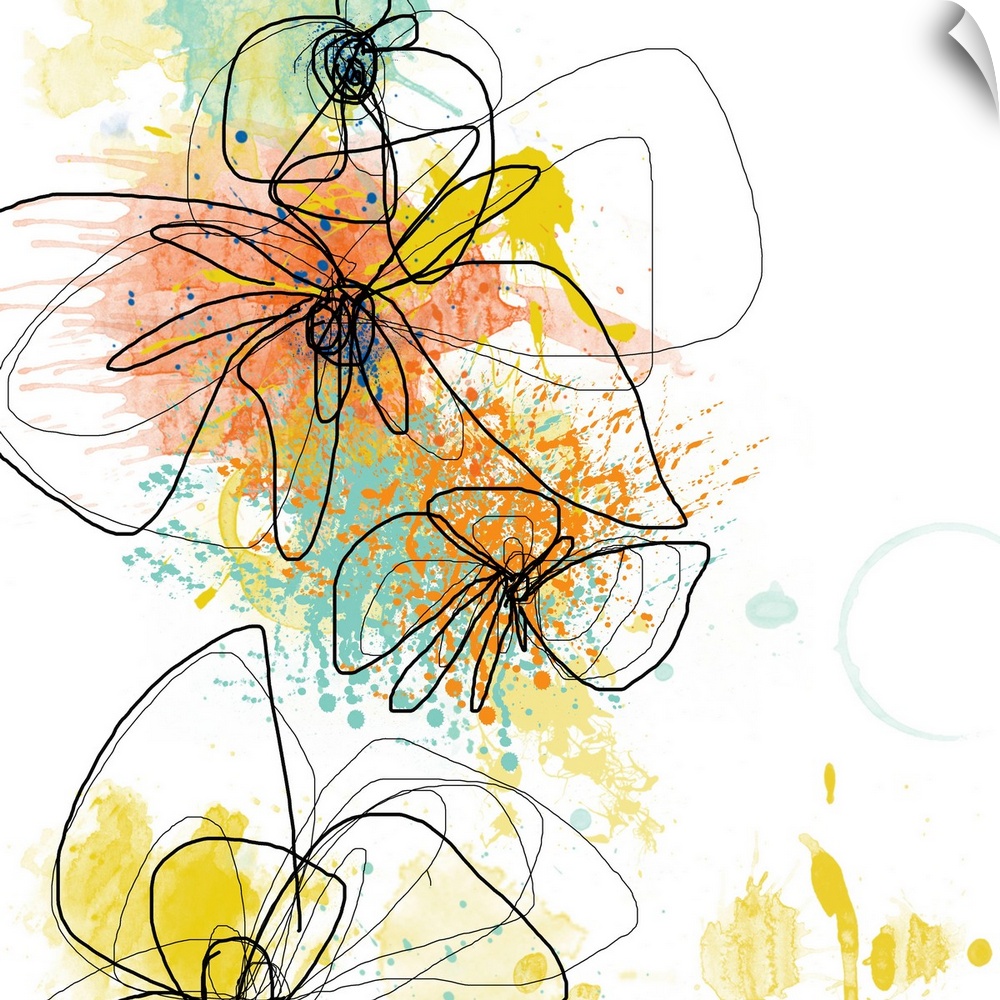Large contemporary art shows an illustration of a few outlined flowers against a backdrop interspersed with splashes of br...