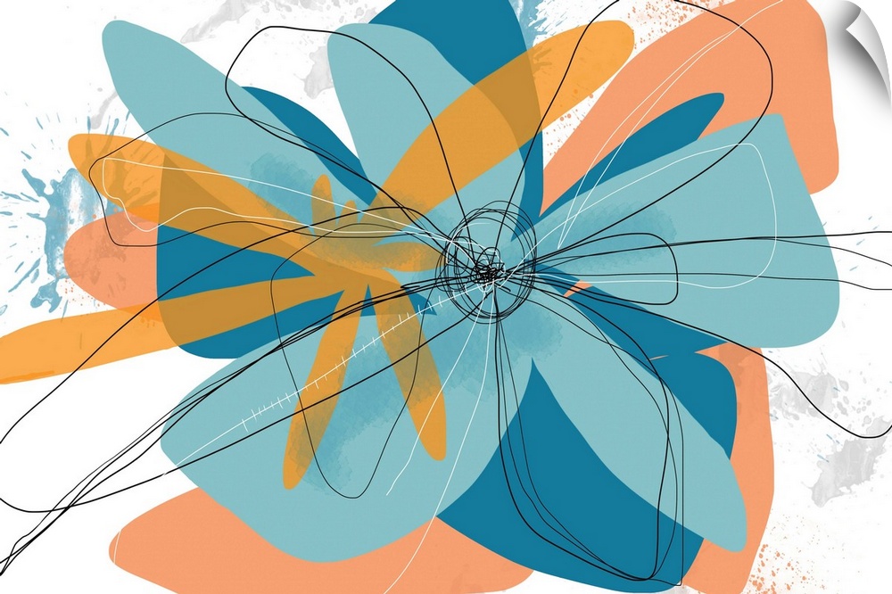 A contemporary abstract of a flower with different shades of teal and orange  with squiggly black lines outlining the peta...