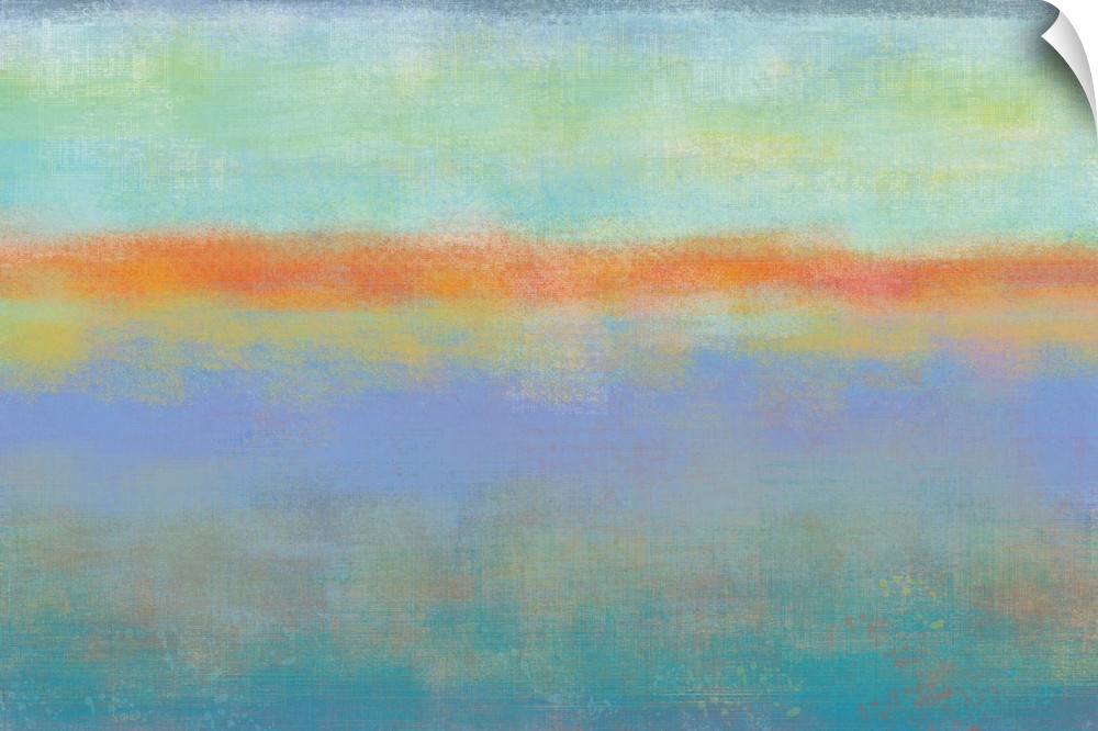 Contemporary abstract painting of horizontal layers of blue and purple, separated by orange.