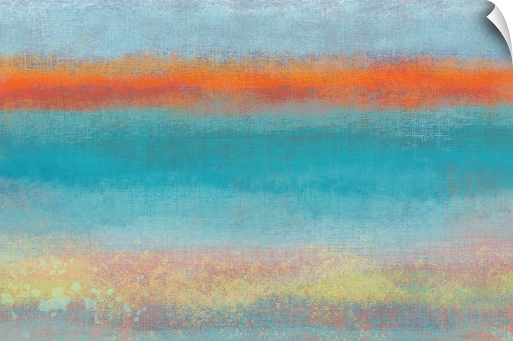 Contemporary abstract painting of horizontal layers of blue and purple, separated by orange.