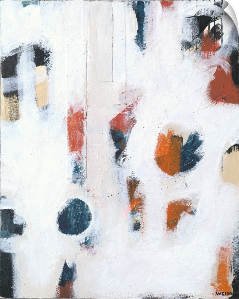 Contemporary abstract painting featuring orange and navy shapes hiding behind stretches of white.