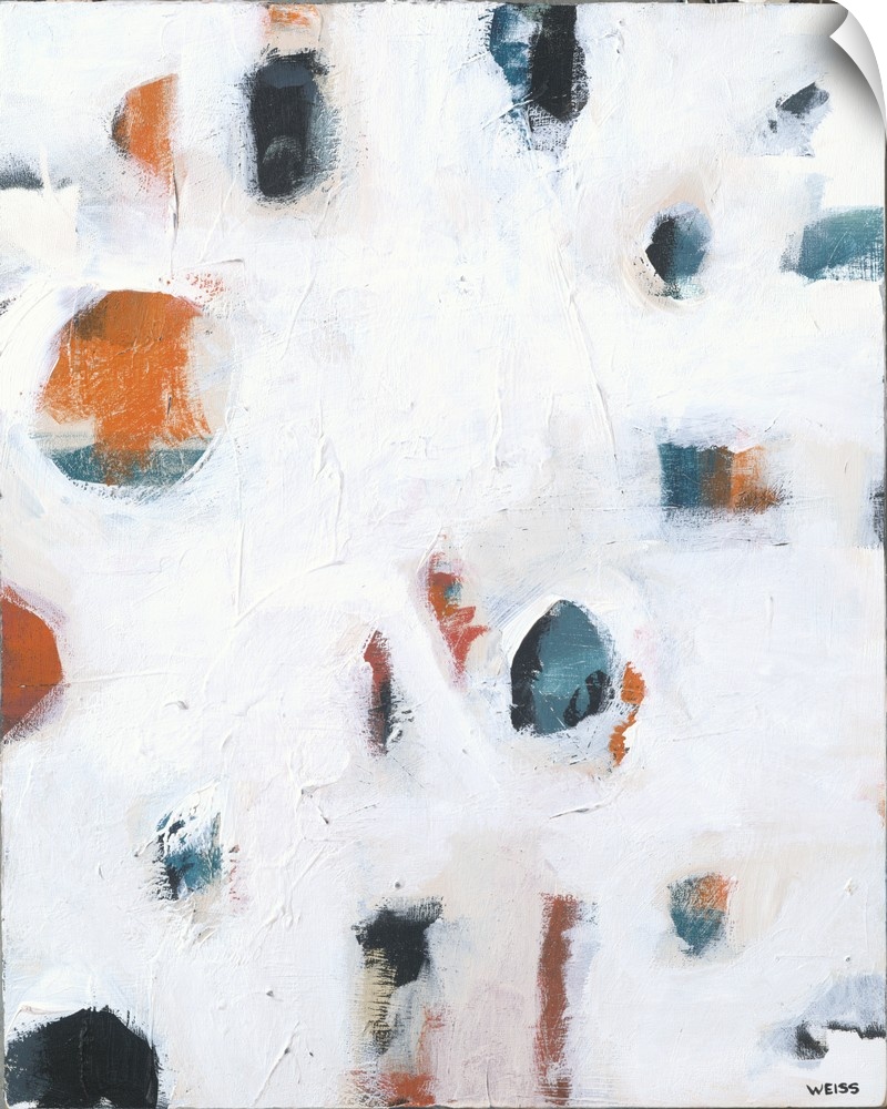 Contemporary abstract painting featuring orange and navy shapes hiding behind stretches of white.