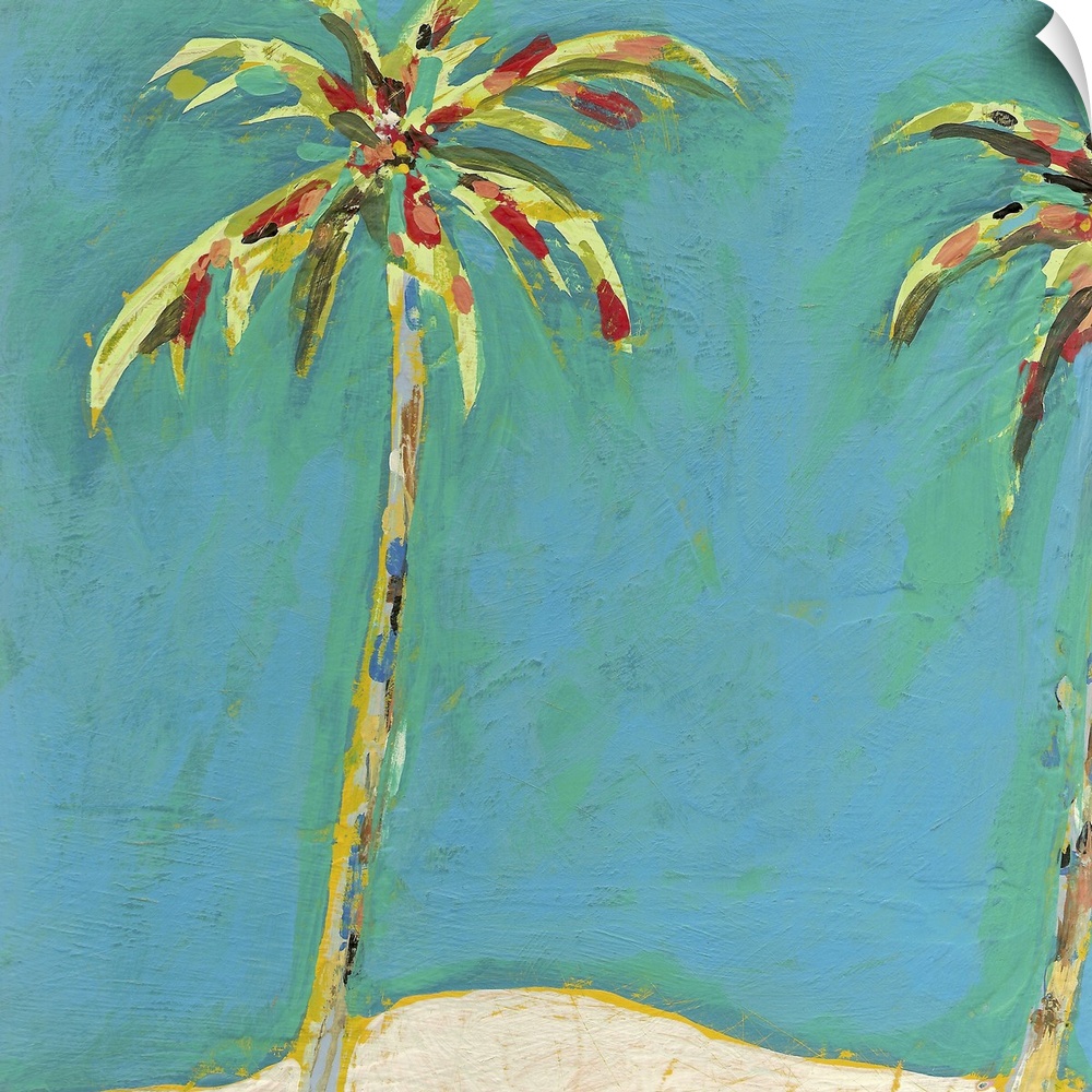 Contemporary artwork of palm trees that have many different colors used to paint them.