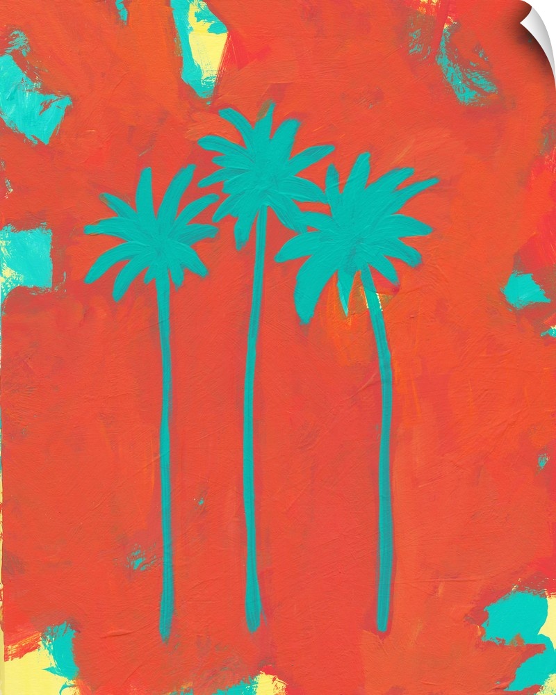Tropical contemporary painting of three turquoise palm trees on a bright red background.
