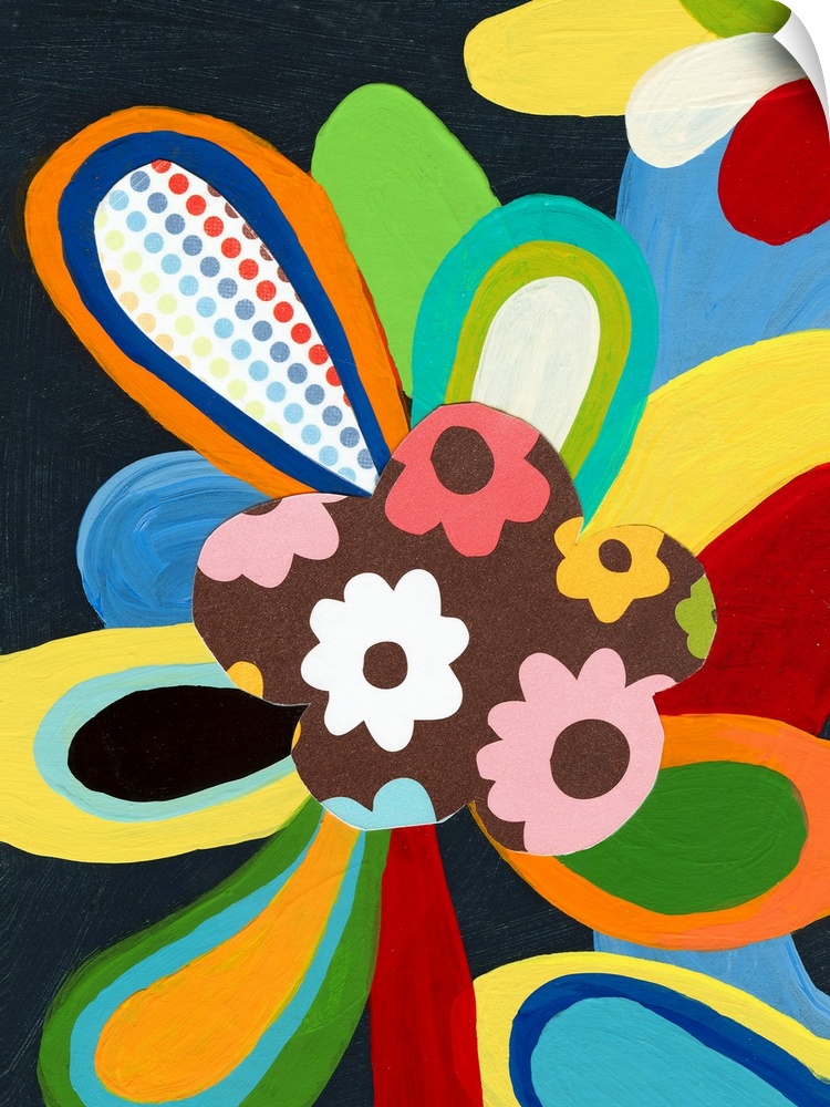 Modern mixed media pop art that is retro inspired.  Multicolored petals of color against a dark background.