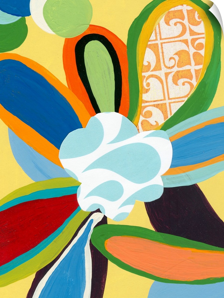 Big canvas painting of a brightly colored flower with other flower petals poking into the frame layered around it.