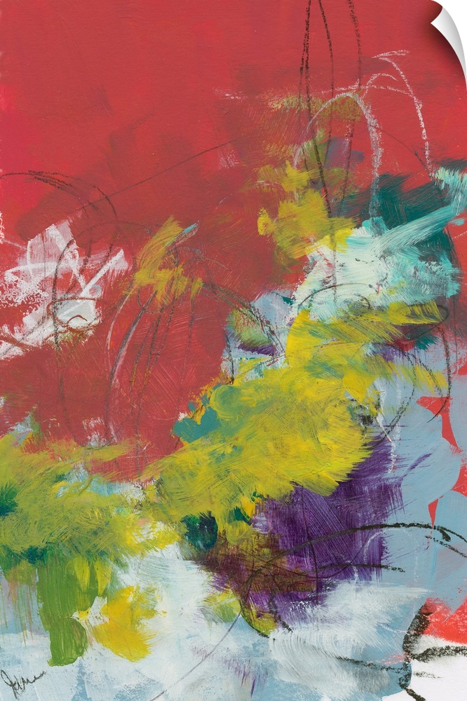 Abstract contemporary artwork of quick brushstrokes in yellow, red, and purple.