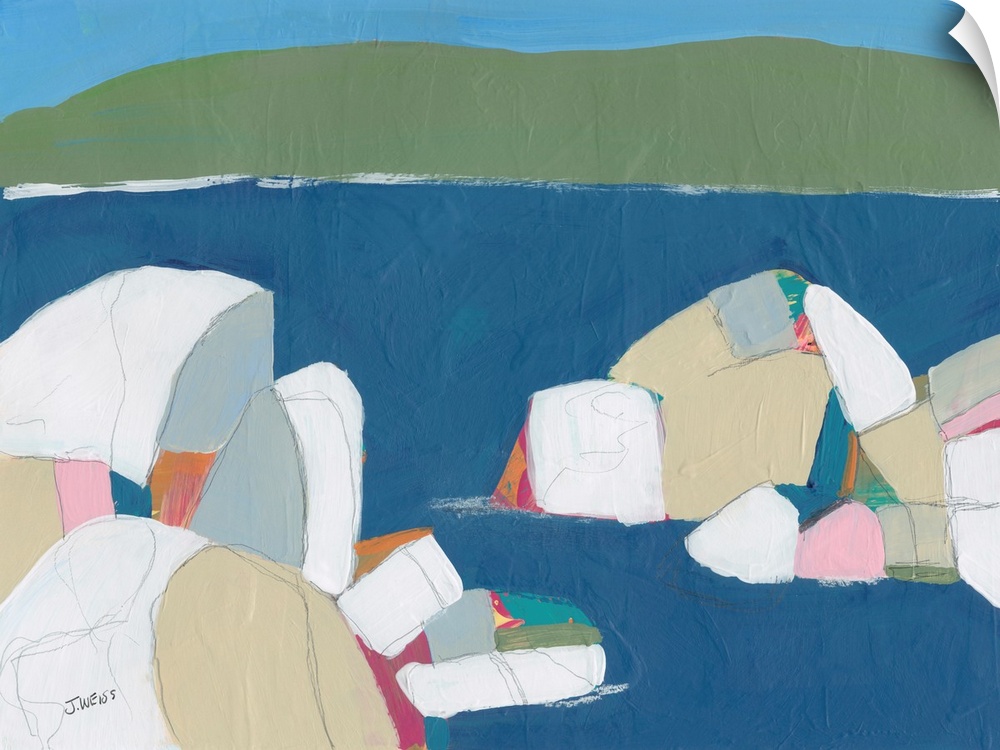 An abstract contemporaray painting of organic round shapes resembling rocks in a harbor