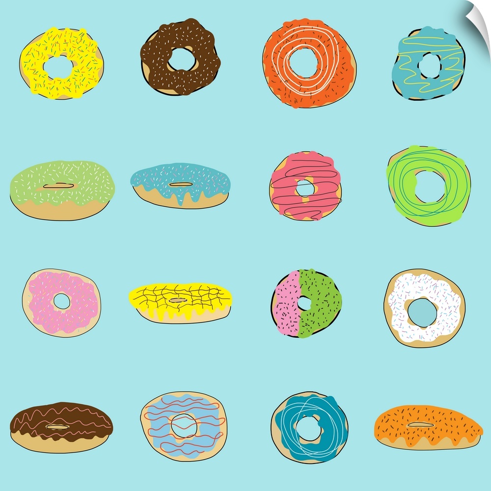 Sixteen Yummy donuts in bright colors - perfect for kitchen, family room, restaurant , game room. Bright pop colors like a...