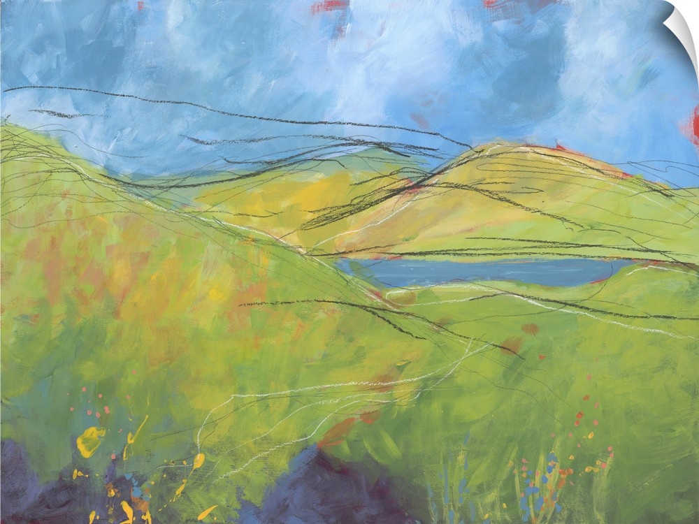 Contemporary painting of a landscape with rolling green hills and pastel colored paint splatter representing Spring flowers.